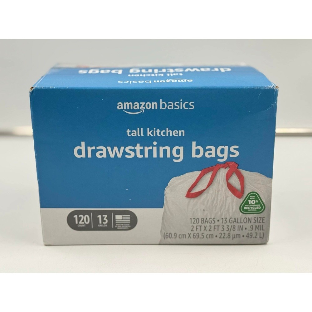 Amazon Basics Tall Kitchen Drawstring Trash Bags, Sturdy and Tear Resistant, 13